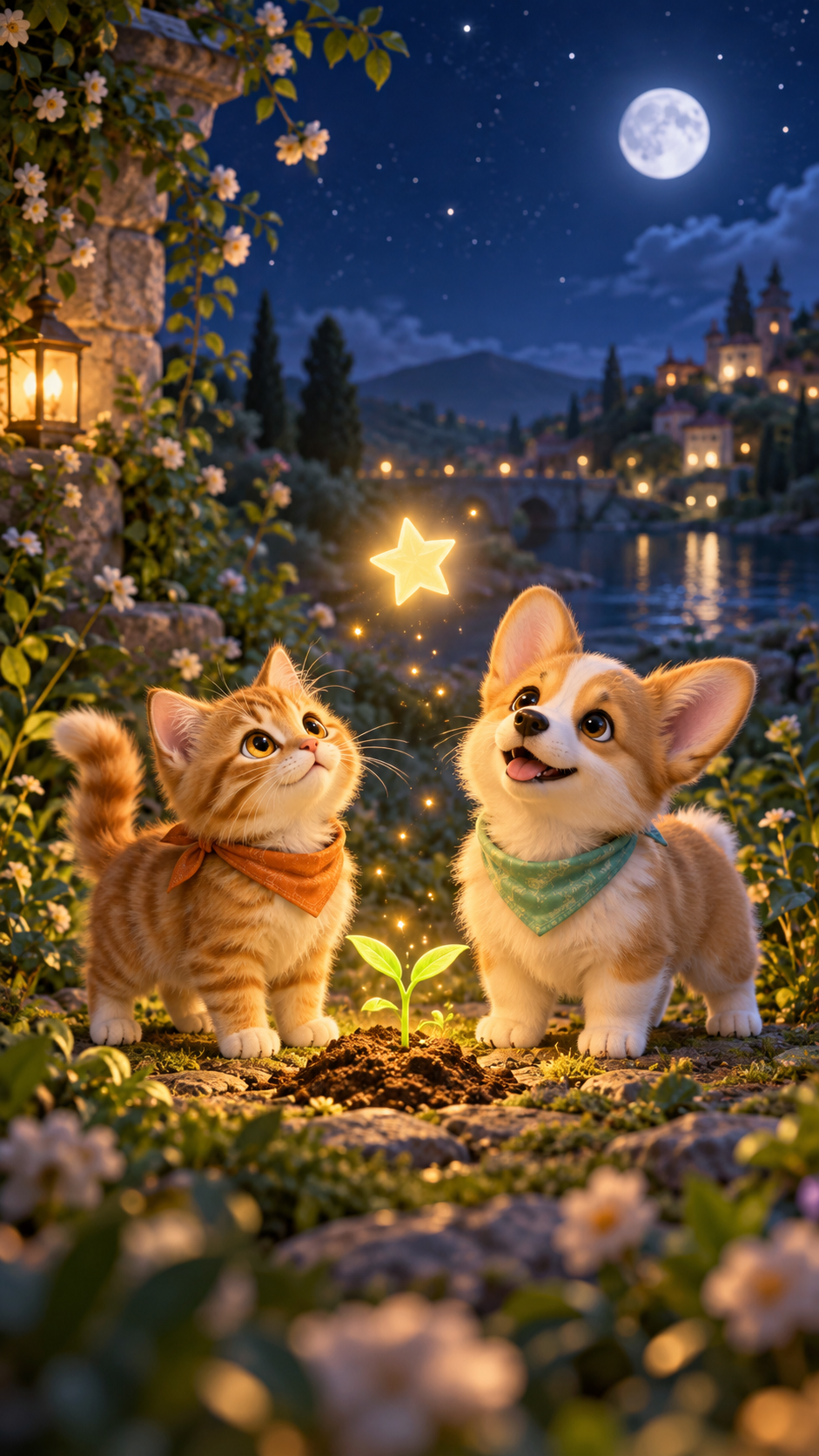 Illustrative AI concept artwork of Pip the ginger cat and Nova the corgi discovering a glowing star.